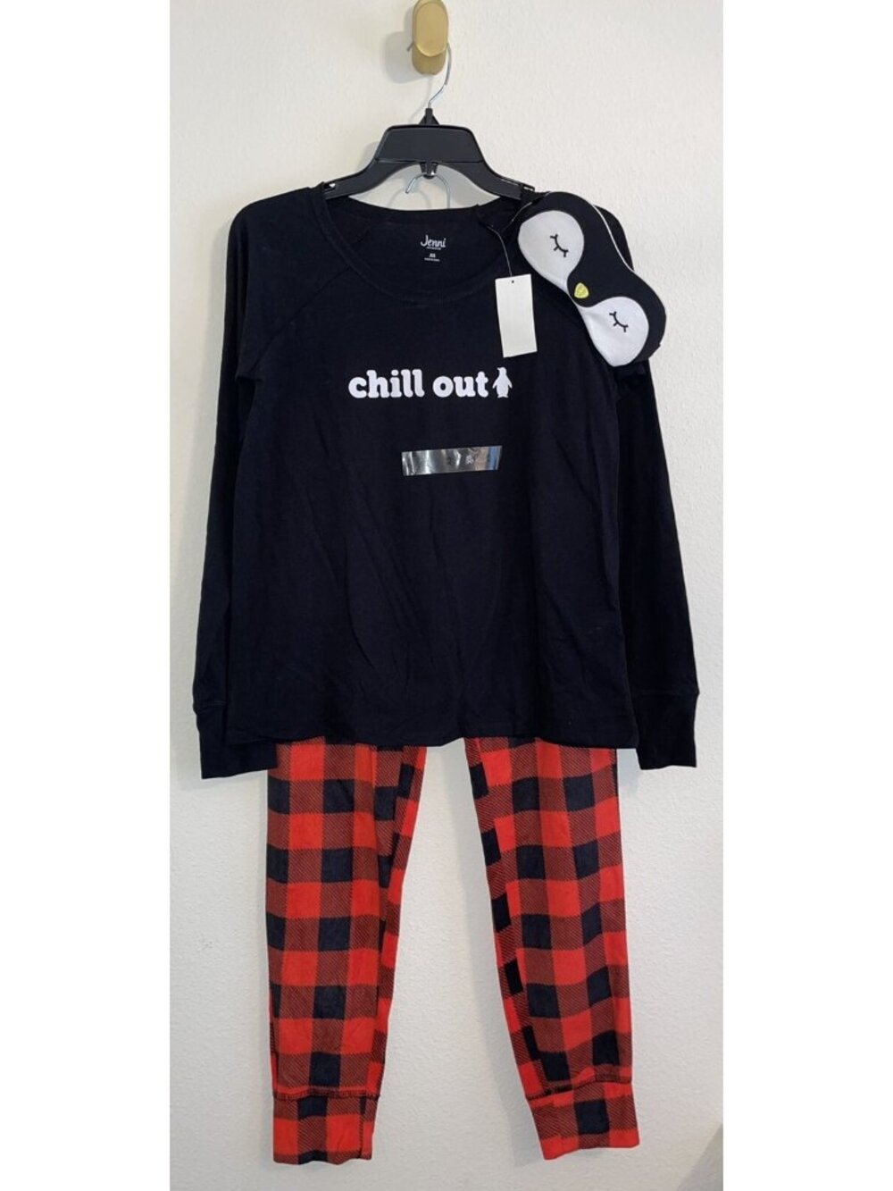 2 Piece Jenni Womens Pajamas PJs Chill Out Top Check Pants Penguin Mask XS New